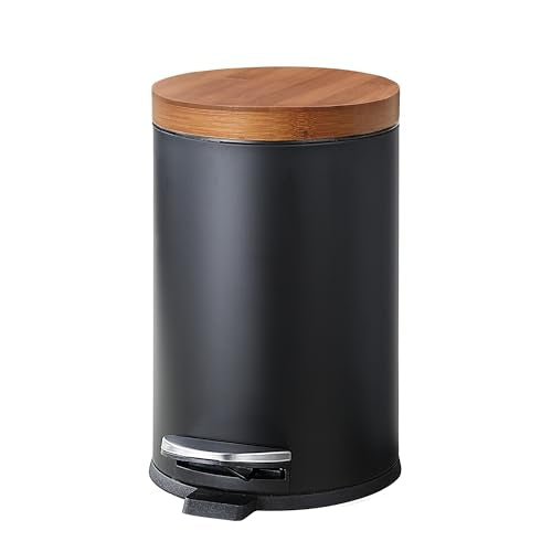 Black Bamboo Lid Trash Can 4.5L Steel Waste Bin with Plastic Inner Bucket