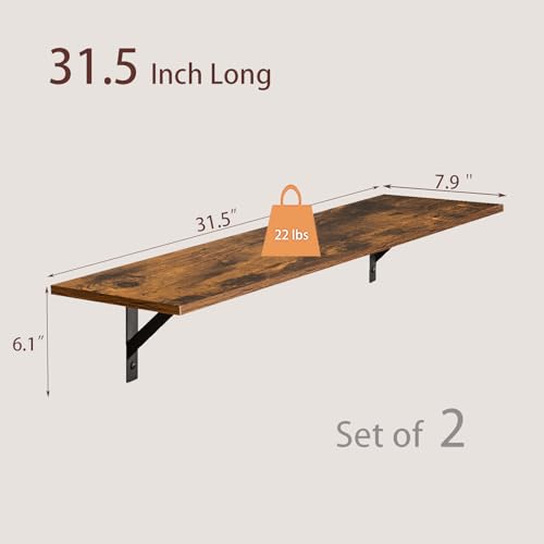 DINZI LVJ Rustic Brown Wall Mounted Shelves Set of 2, 31.5 Inch Long Floating Shelves with Metal Brackets