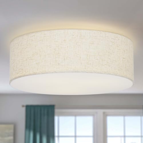 Vexagyle Linen Close to Ceiling Light Fixture - 16 Inch Modern Drum Light with Double Fabric Shade for Bedroom & Living Room
