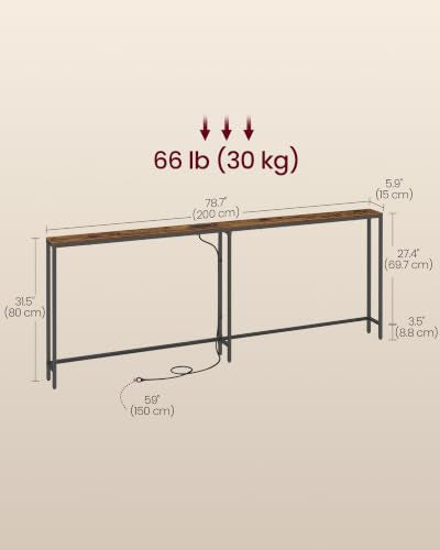 Narrow Console Table with Outlet - Rustic Brown + Ink Black, 78.7"