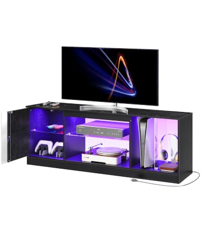 55-Inch Modern TV Stand with Power Outlets & Multi-Color LED Lights, Adjustable Glass Shelves, Black