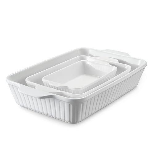 White Ceramic Casserole Dish Set of 3 Oven-Bakeware with Handles - Rectangular Baking Pans