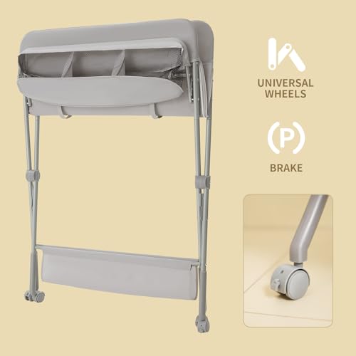 KARAOK Baby Changing Table with Wheels & Storage, Adjustable Height Portable Diaper Station