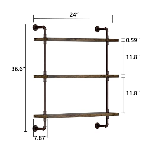 Helsin 24-inch Rustic Industrial Pipe Shelf 3-Tier Wall Storage & Display