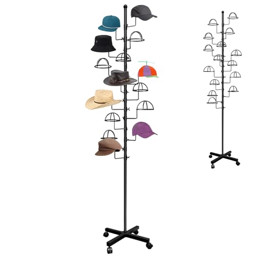 Black Montex Hat Rack Stand with 16 Rotatable Circular Hooks, Space-Saving Display