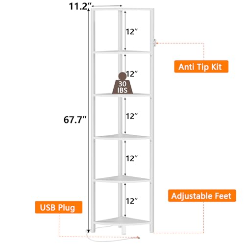 Furnulem 6-Tier Corner Shelf with LED Light - White Narrow Bookshelf