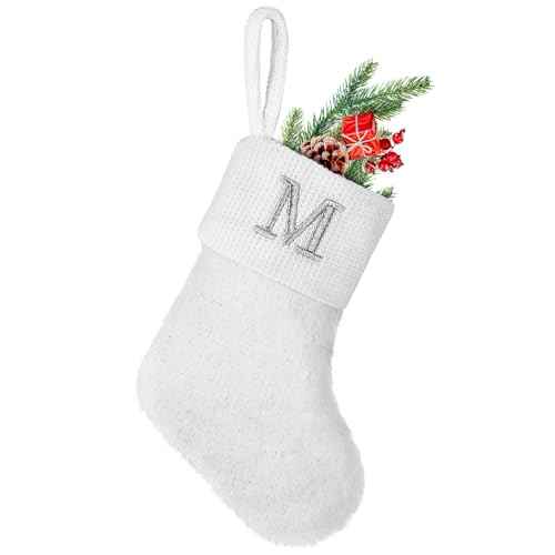 7 inches Initial Monogram Christmas Stocking White Personalized Christmas Stockings with Embroidered Letters Super Soft Initial Christmas Stocking for Xmas Holiday Christmas Tree Fireplace Decor(M)