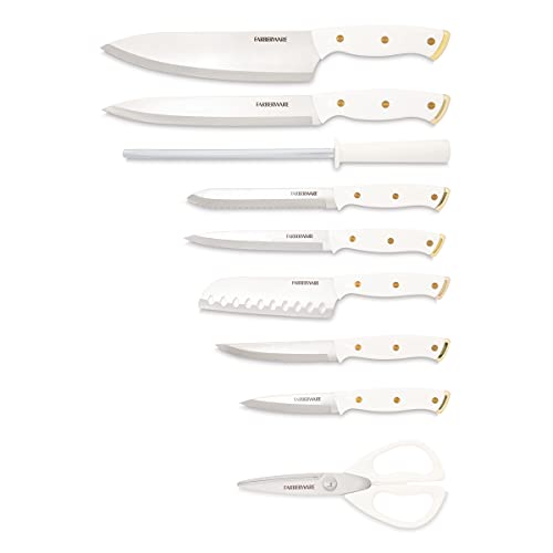 White and Gold 15-Piece Knife Block Set - High-Carbon Stainless Steel Kitchen Knives