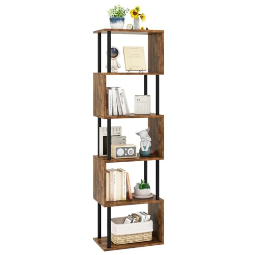 6-Tier S-Shaped Geometric Bookcase - Rustic Brown Tall Bookshelf with Storage