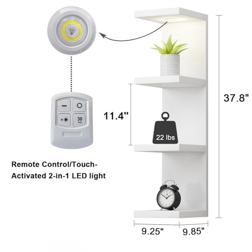 White 4-Tier Wall Shelf with LED Remote Light - Floating Storage Unit