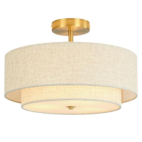 Outiron 16-Inch Gold Semi-Flush Mount Ceiling Light with Dual Drum Design