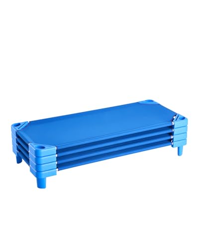 Kids Nap Cots 4-Pack - Portable Stackable Toddler Sleep Beds, Blue, 52" L x 23" W