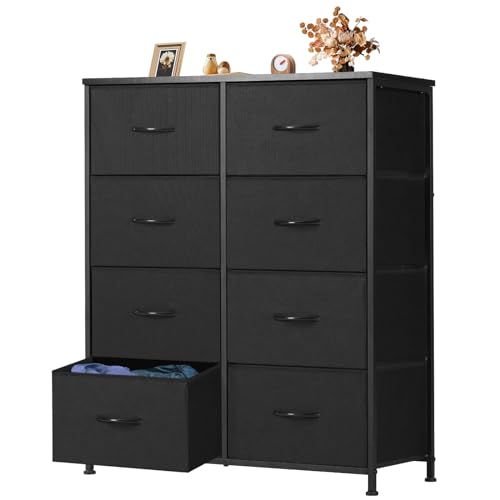 Black Dresser with 8 Fabric Drawers - Tall Bedroom Storage Organizer