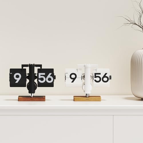 Mini Black Wood Flip Desk Clock - Classic Modern Retro Analog Table Timepiece