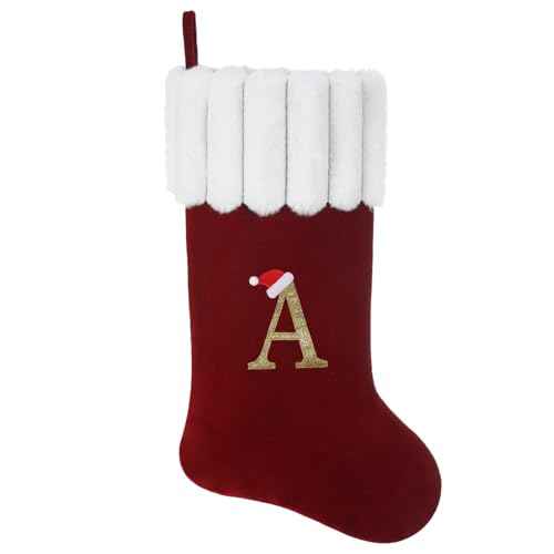 20 Inch Personalized Christmas Stocking,Red Velvet with Embroidered Initial,Holiday Xmas Party Decor Letter A