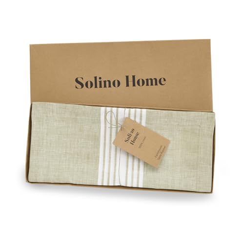 Solino Home 100% Pure Linen Table Runner 14 x 48 in White & Pale Khaki