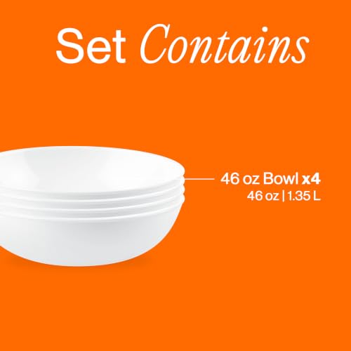 Corelle 4-Piece 46oz White Meal Bowls Set for 4, Durable & Space-Saving