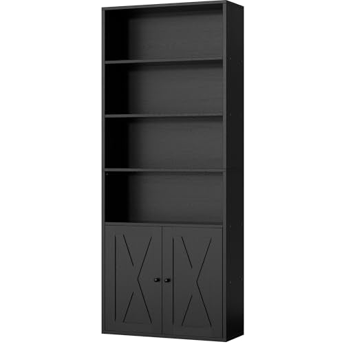 Shintenchi Black 6-Tier Bookshelf with Doors, Tall Standing Bookcase