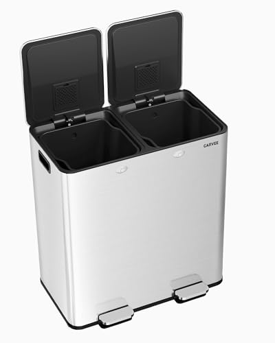 Garvee Dual Kitchen Trash Can 2x8 Gallon Stainless Steel Step Pedal Bin - Silver