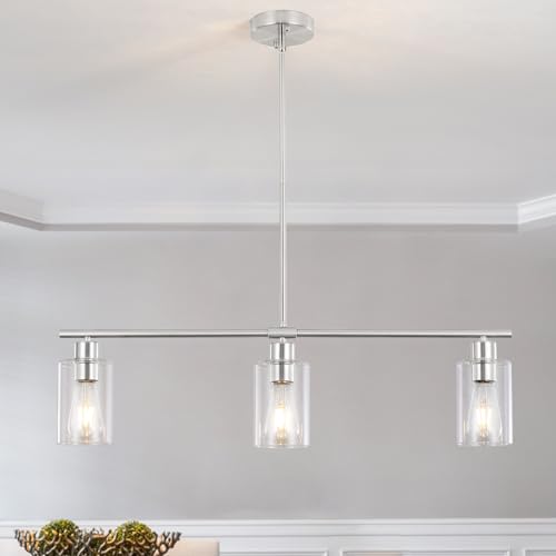 Brushed Nickel 3-Light Kitchen Island Pendant Light with Glass Shades - Adjustable Modern Linear Chandelier