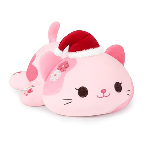 Onsoyours Original Christmas Sakura Cat Plush with Santa Hat Cute 13 inch Kitten Stuffed Animal Soft Pillow Pink Kawaii Kitty Plush Toy Gifts for Kids & Adults (Christmas Sakura Cat, 13")