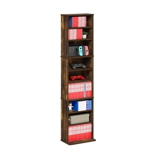 Furinno Jaya DVD Shelf - 9-Shelf Tall Narrow Media Storage Cabinet - Amber Pine / 9-Shelf