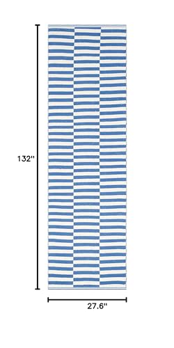 SAFAVIEH Montauk Collection Runner Rug - 2'3" x 11', Ivory & Blue, Handmade Stripe Cotton, Ideal for High Traffic Areas in Living Room, Bedroom (MTK715C)