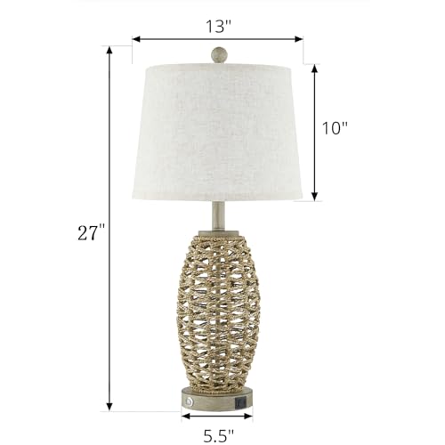 27-Inch Natural Rattan Table Lamps Set of 2 with USB Ports & Dimmable Touch Control