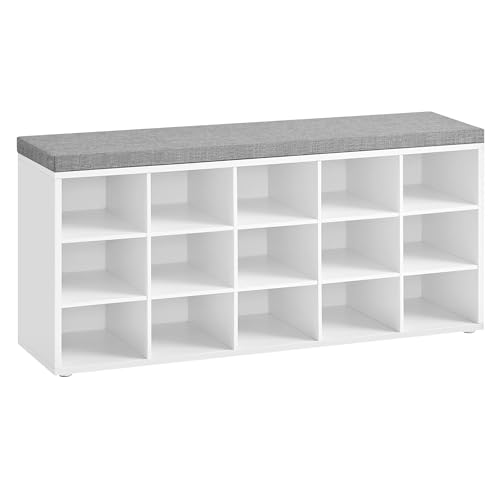 VASAGLE Shoe Storage Bench with Cushion, 15 Cubby Compartments, Cloud White + Dove Gray