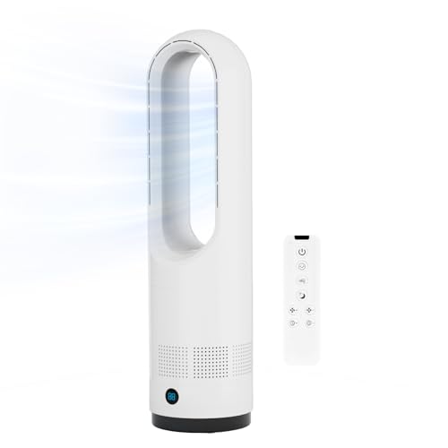 Faryuan 22-Inch White Bladeless Tower Fan with Remote, 8 Speeds, 80° Oscillation, 9H Timer, Quiet Portable Cooling for Indoor Use