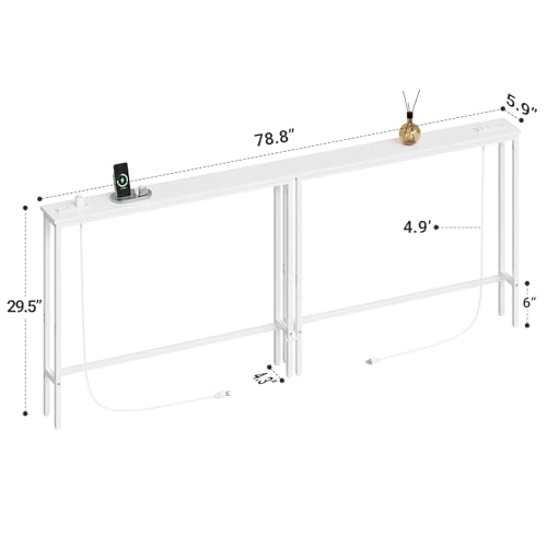 ELYKEN White Narrow Console Table with Outlets - 78.8" Sofa Behind Couch, 29.5"H