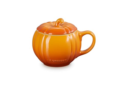 Le Creuset Pumpkin Mug with Lid 14oz Persimmon - Stoneware Coffee Tea Cup