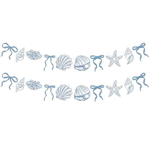 Oudain 2 Pack Blue Bow Starfish Seashell Garland 6.56 ft Blue Coastal Christmas Banner Decor Ocean Nautical Beach Christmas Ornaments Under The Sea Paper Hanging Banner for Birthday Mermaid Xmas Party