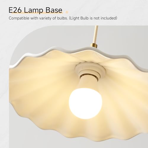 White Scalloped Ceramic Pendant Light, Vintage Kitchen Island Light