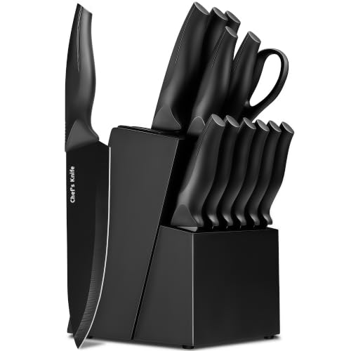 Black 14-Piece Kitchen Knife Block Set with Built-In Sharpener - Includes Steak Knives & Scissors