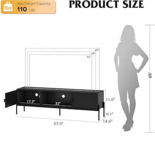 WLIVE 58-Inch Black TV Stand for 65-Inch TVs, Mid-Century Media Console with Metal Legs