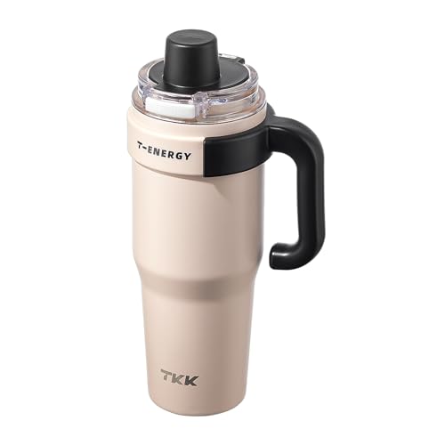 TKK 40 oz Pink Insulated Travel Mug with Handle & Straw – Double Wall Stainless Steel, Leak Proof, Wide Mouth Coffee Tumbler