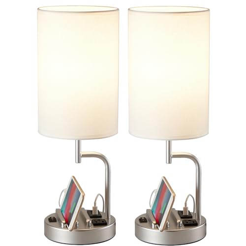 Silver Dreamholder Table Lamp with 3 USB Ports & AC Outlet — Modern Desk & Bedside Light (Pack of 2)