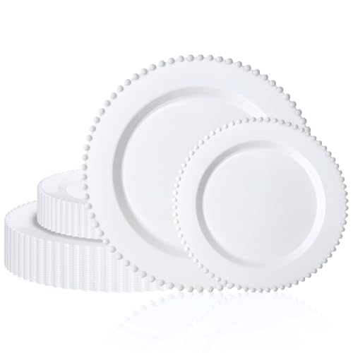 Disposable White Plastic Plates - Beaded Edged, Heavy Duty, 60pcs - Elegant Partyware