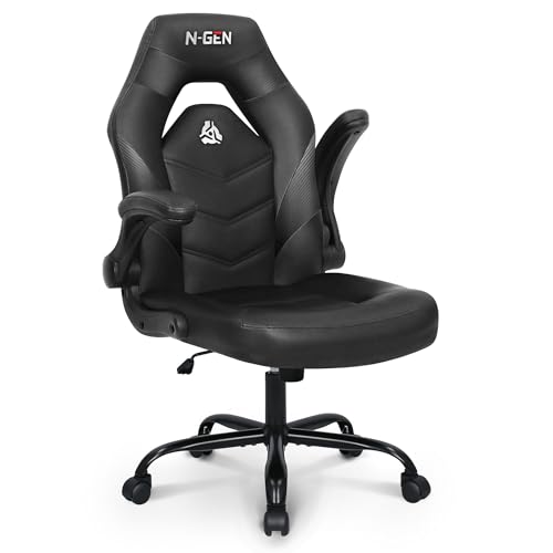 N-GEN Gaming Chair with Lumbar Support - PU Leather, Flip-Up Arms, Jet Black