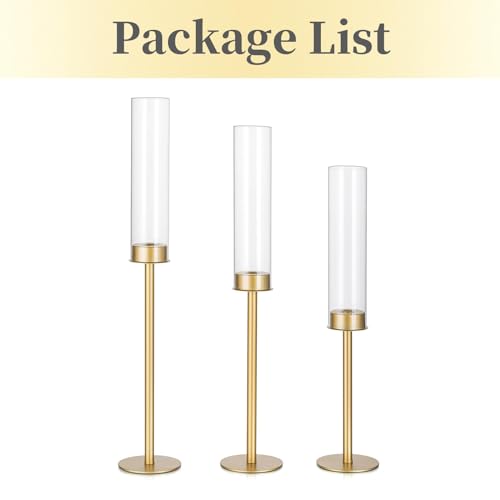 Hewory Gold Candlestick Holders 3-Piece Glass Hurricane with Tall Brass Base - Matte Gold