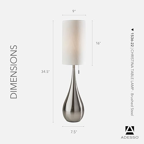 Adesso Brushed Steel Table Lamp with White Fabric Shade - Modern Accent Lamp, 34.5" Tall - Table Lamp