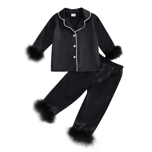 SAYOO Toddler Girl Satin Pajamas Set Black 4-5T Fuzzy Trim Sleepwear