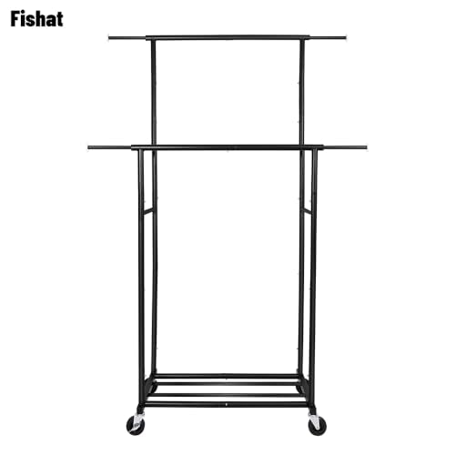 Black Portable Double Rod Garment Clothes Rack with Wheels & Storage Shelf - 48"W x 15"D x 67"H