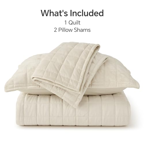 Velvet Quilt Set King Size - Cream White Luxury Bedding with Channel Stitching