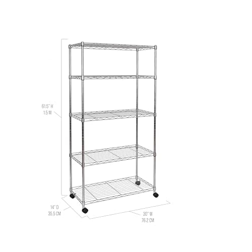 Plated Steel 5-Tier Wire Shelving Unit - 30" W x 14" D x 61.5" H, Adjustable Shelves, Mobile Design