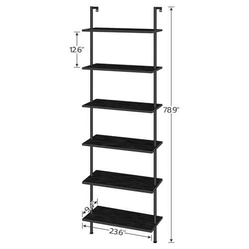 Wall Mounted Ladder Shelf 6-Tier Black Wooden Bookcase for Home Office & Bedroom