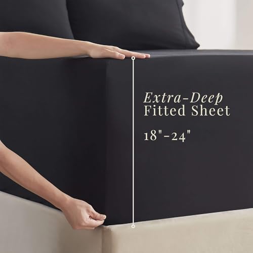 Deep Pocket Queen Sheets Set - Black, 6-Piece, Fits 18-24 Inch Mattress - Extra Deep Bed Sheets with Pillowcases - Hearth & Harbor