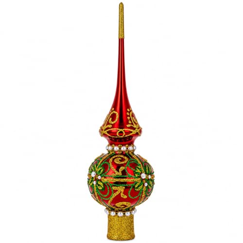 Red Glass Christmas Tree Topper with Gold & Green Glitter - 11 Inches