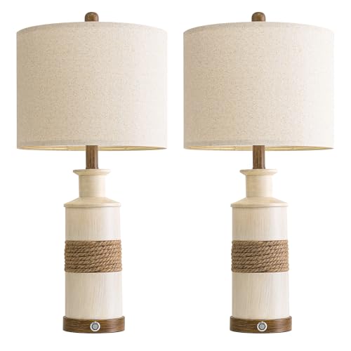 Boho Farmhouse Rattan Bedside Table Lamps Set of 2 - 24.5 inch Nightstand Lamps with Touch Dimmable Lights & USB Ports - Boho Variation